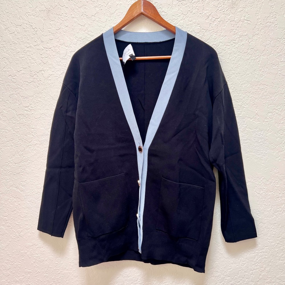Aleeza Paris Womens Colorblock V-Neck Cardigan Black Blue‎ Gold Button Medium
